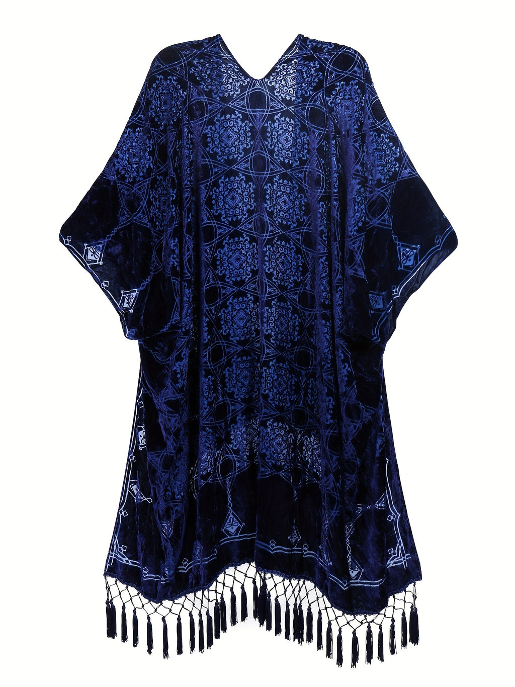 Boho Burnout Velvet Kimono Women Long Cardigan Cover Up Tassel Floral Embroidered One Size