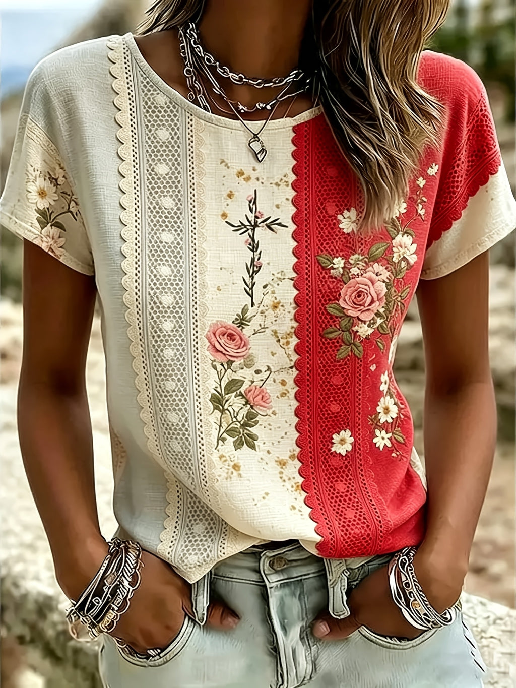 Y2K Geometric Allover Print Boho T-Shirt Women Loose Fit Short Sleeve Round Neck Floral Summer Top Soft Stretch Casual Party Daily Wear S-XXL