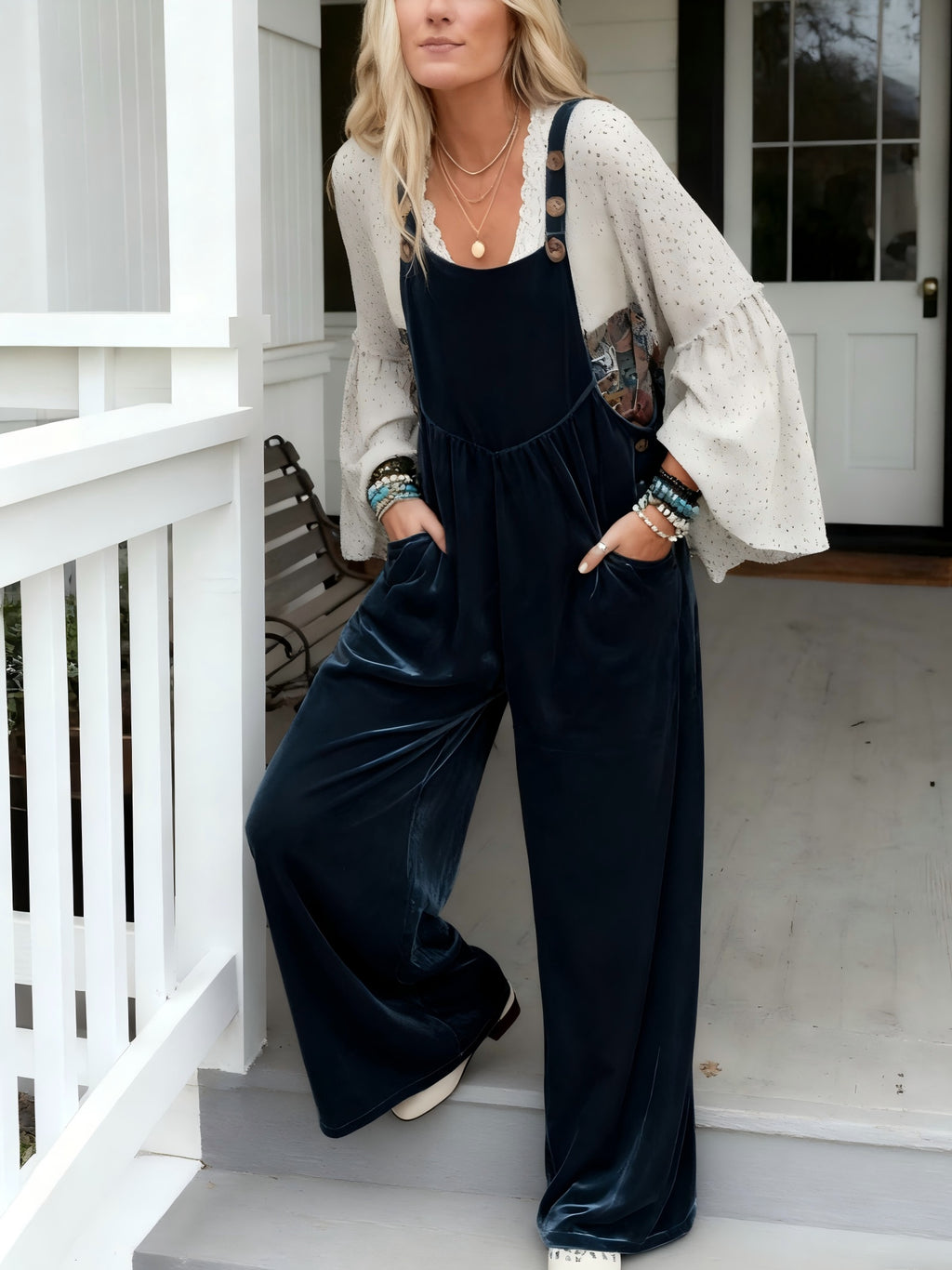 Velvet Wide Leg Overalls for Women, Solid Glossy Fabric Adjustable Buckle Strap Jumpsuit, Elegant Four Season One Piece Loose Pants, Chic Casual and Party Romper