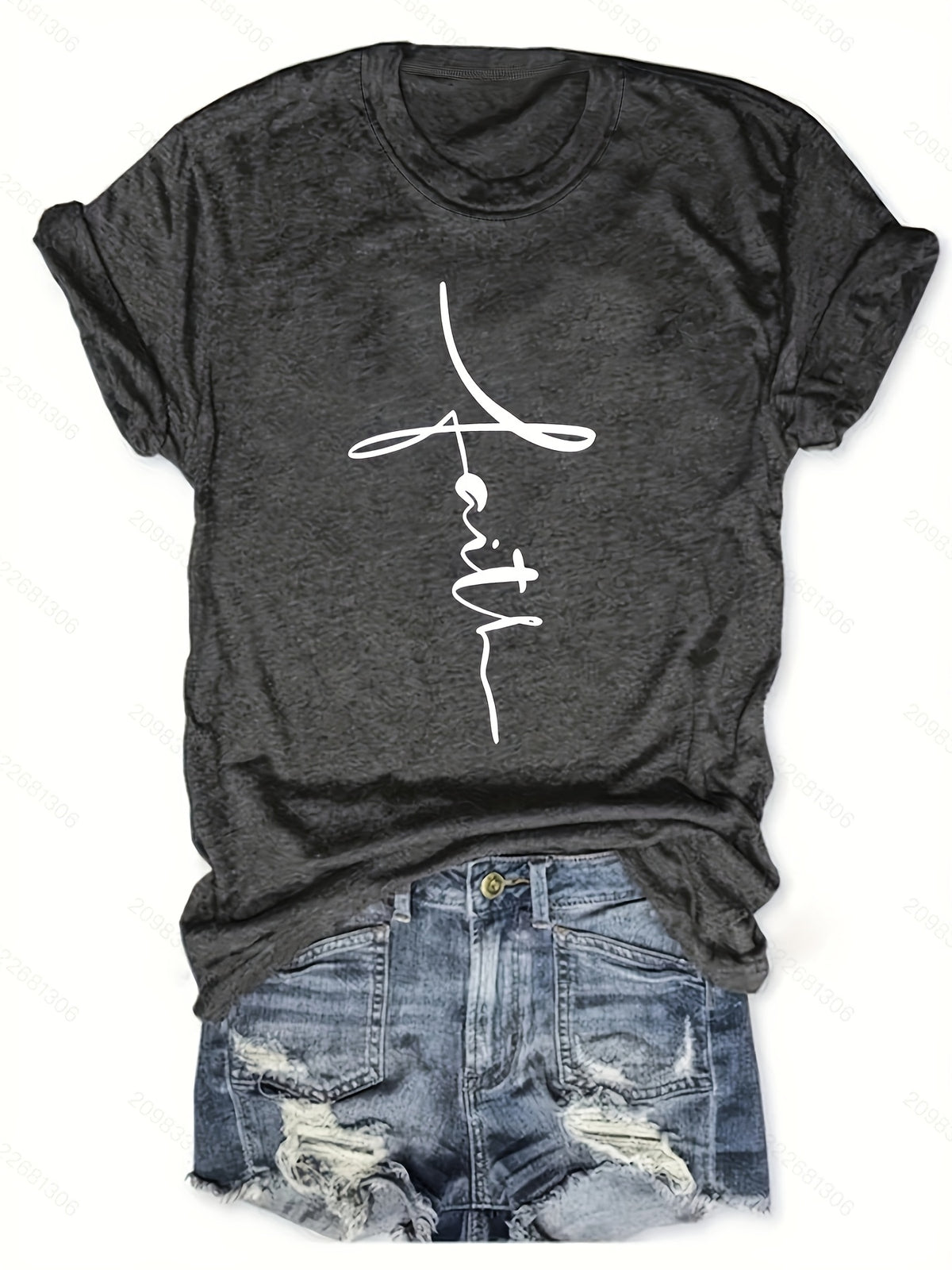 Women's Casual Letter Cross Floral Print T-Shirt Short Sleeve Round Neck Top | S-XXL Dark Gray Black White
