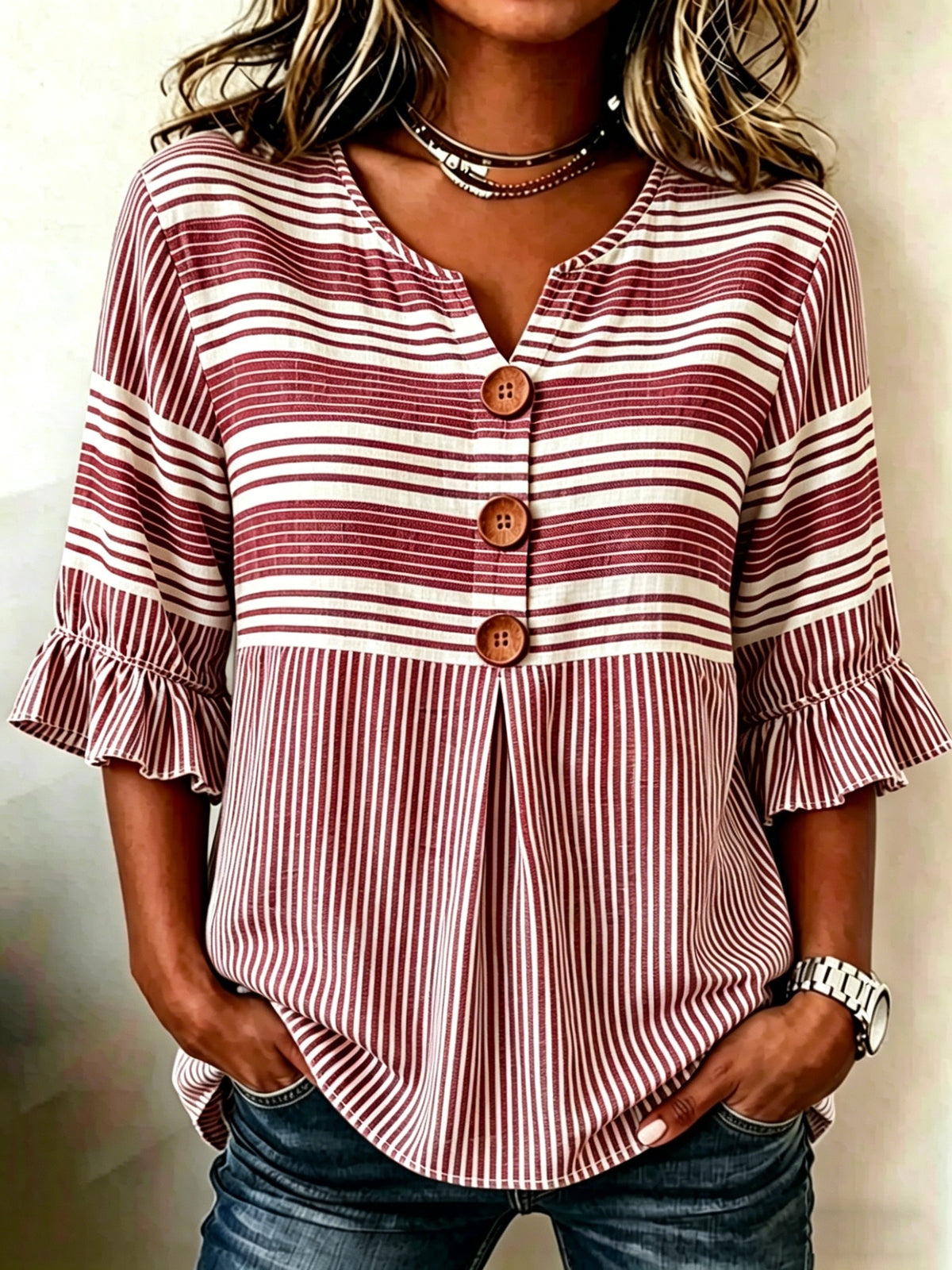 Striped V-Neck Blouse Women Ruffle 3/4 Sleeve Loose Fit Tunic Top Lightweight Linen Button Detail Summer Shirt S-2XL