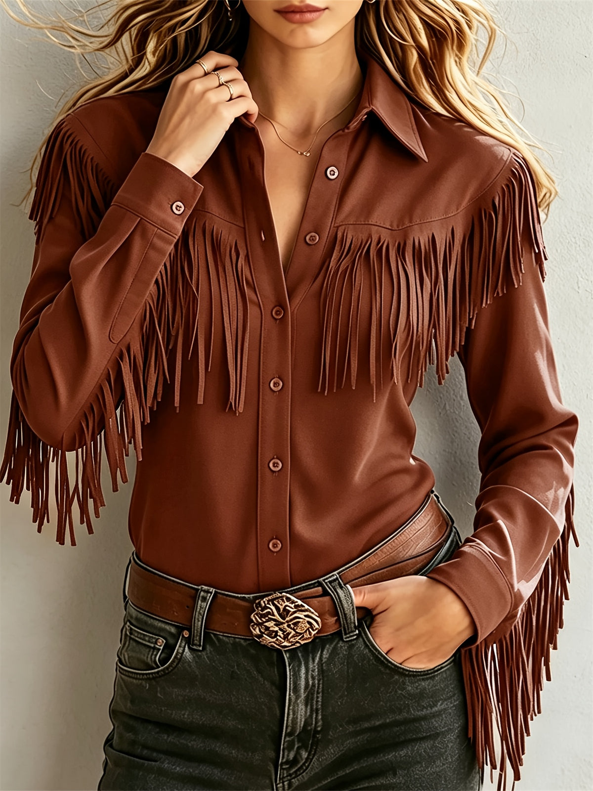 Women Vintage Fringe Lapel Button Blouse Long Sleeve Elegant Minimalist Shirt Chic Office Casual Top Spring Fall Women's Clothing
