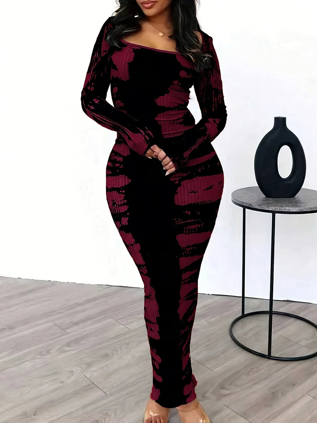 Tie-Dye Bodycon Maxi Dress Women Long Sleeve Ankle Length Contrasting Print Figure-Hugging Sexy Elegant Long Dress