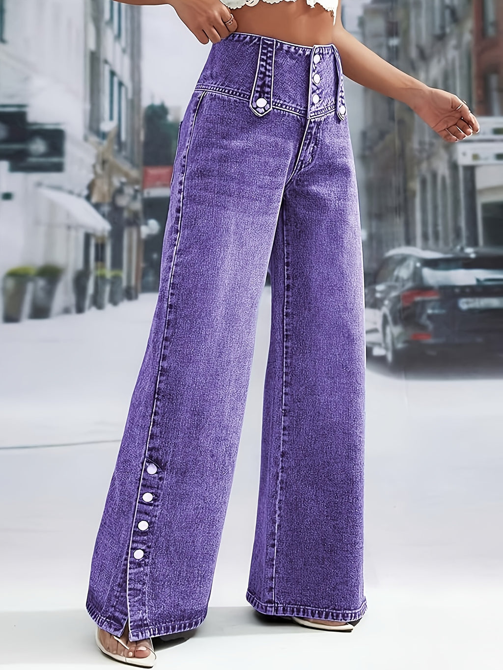 Wide-Leg Purple Jeans Women Adjustable Button Waist Mid-Rise Straight Casual Pants All-Season Travel Office