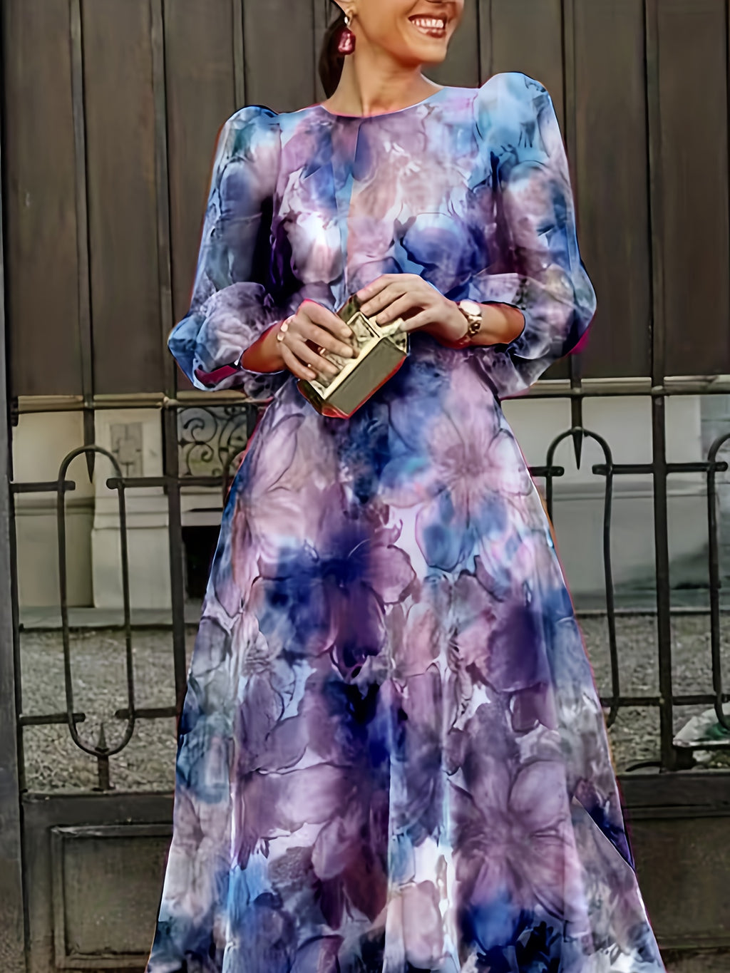 Floral Print Chiffon Maxi Dress Women Ombre Gradient Long Sleeve Back Zipper Flowy Wedding Guest Party Dress