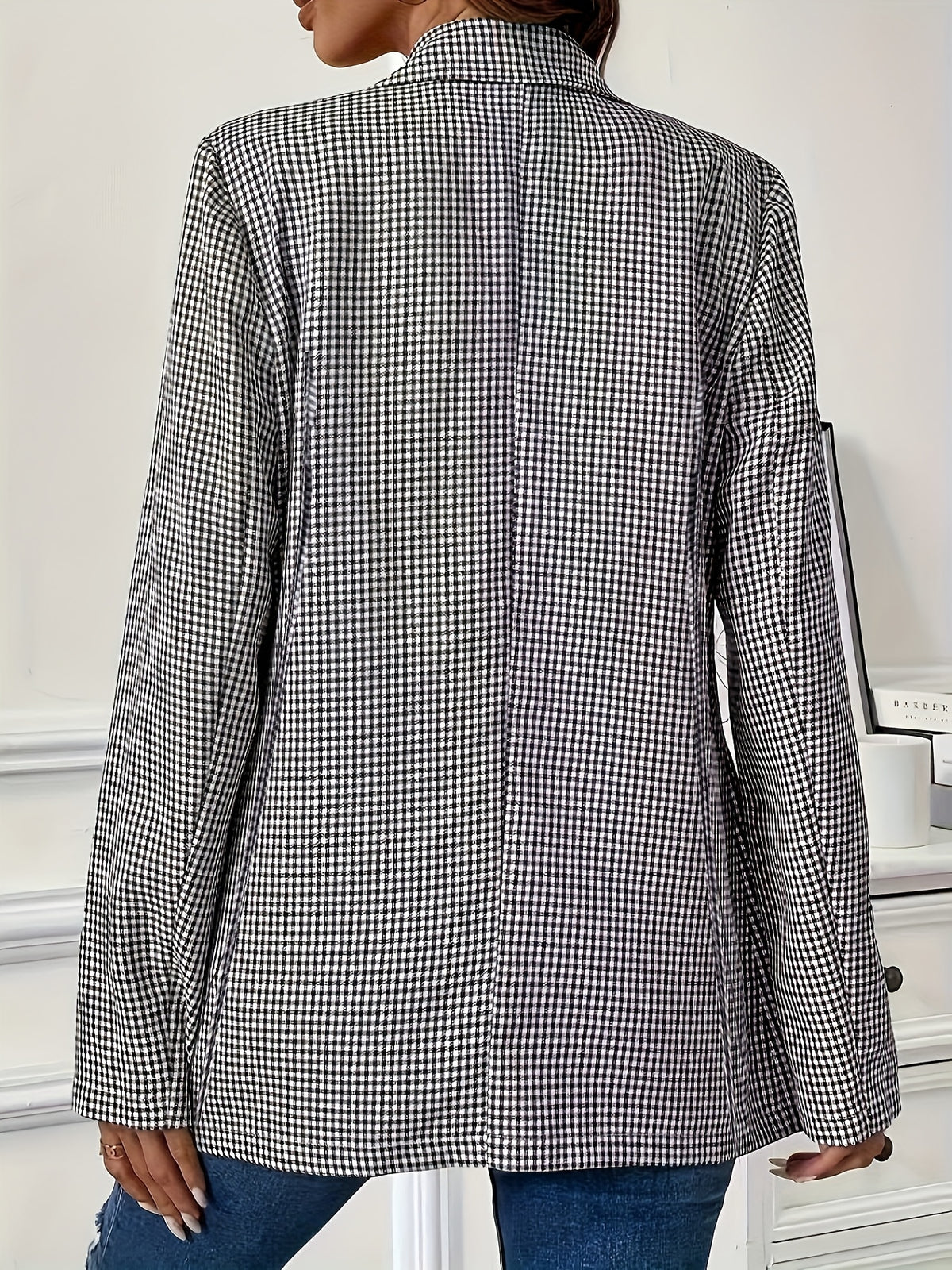 Black White Checkered Blazer Women Double-Breasted Gold Buttons Relaxed Fit Commuter Elegant Suit Jacket S-XXL