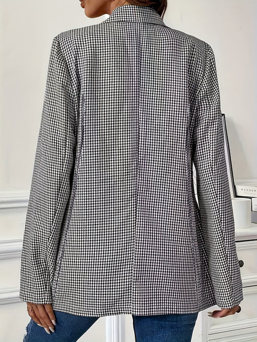 Black White Checkered Blazer Women Double-Breasted Gold Buttons Relaxed Fit Commuter Elegant Suit Jacket S-XXL