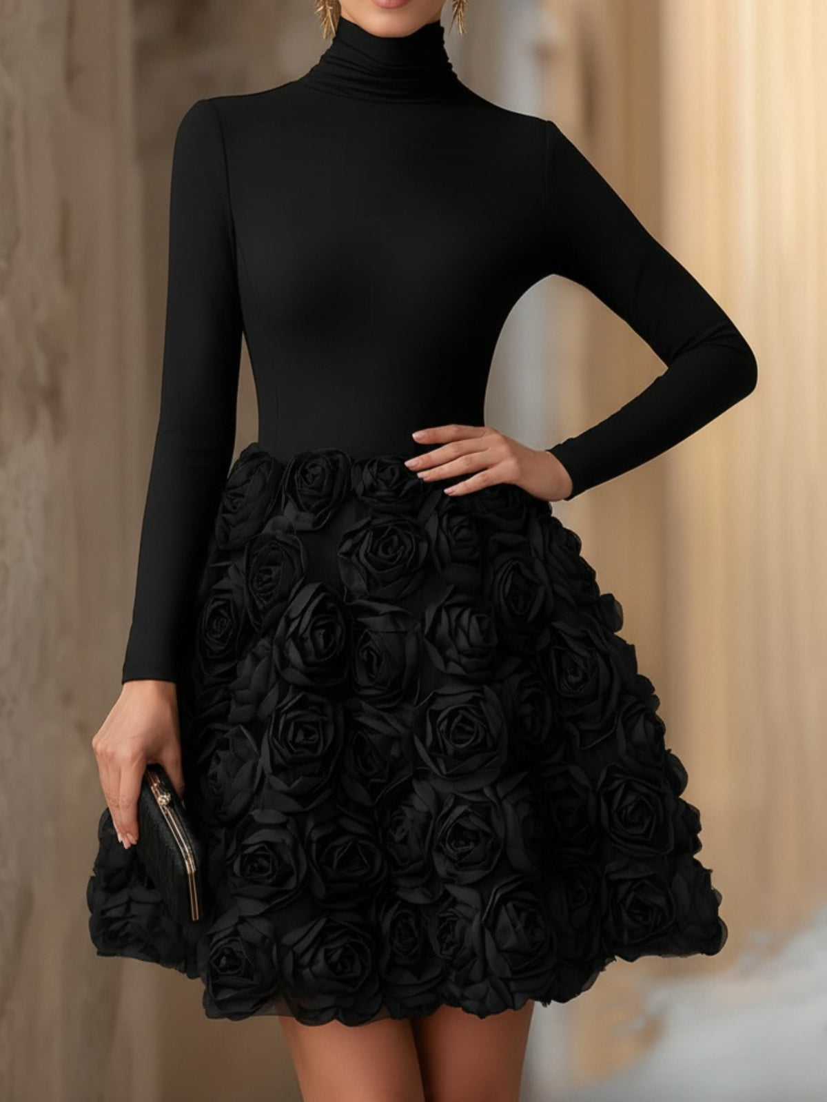 3D Rose Mini Dress for Women High Neck Retro Elegant Court Style Formal Dinner Party All Season Evening Dress
