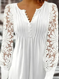 Lace Sleeve Pleated Blouse Women Button Front Solid Color Elegant Dressy Casual Shirt Top Spring Fall Fashion