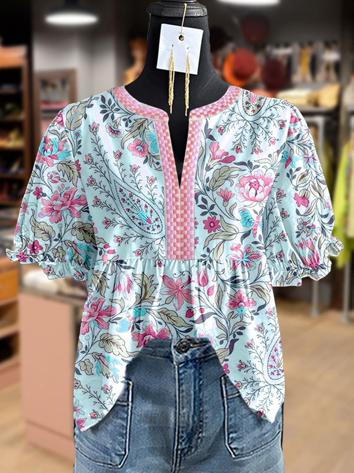 Boho Peplum Blouse Women Floral Paisley Print Babydoll Top Notch Neck Puff Sleeve Casual Summer Bohemian Top S M L XL XXL