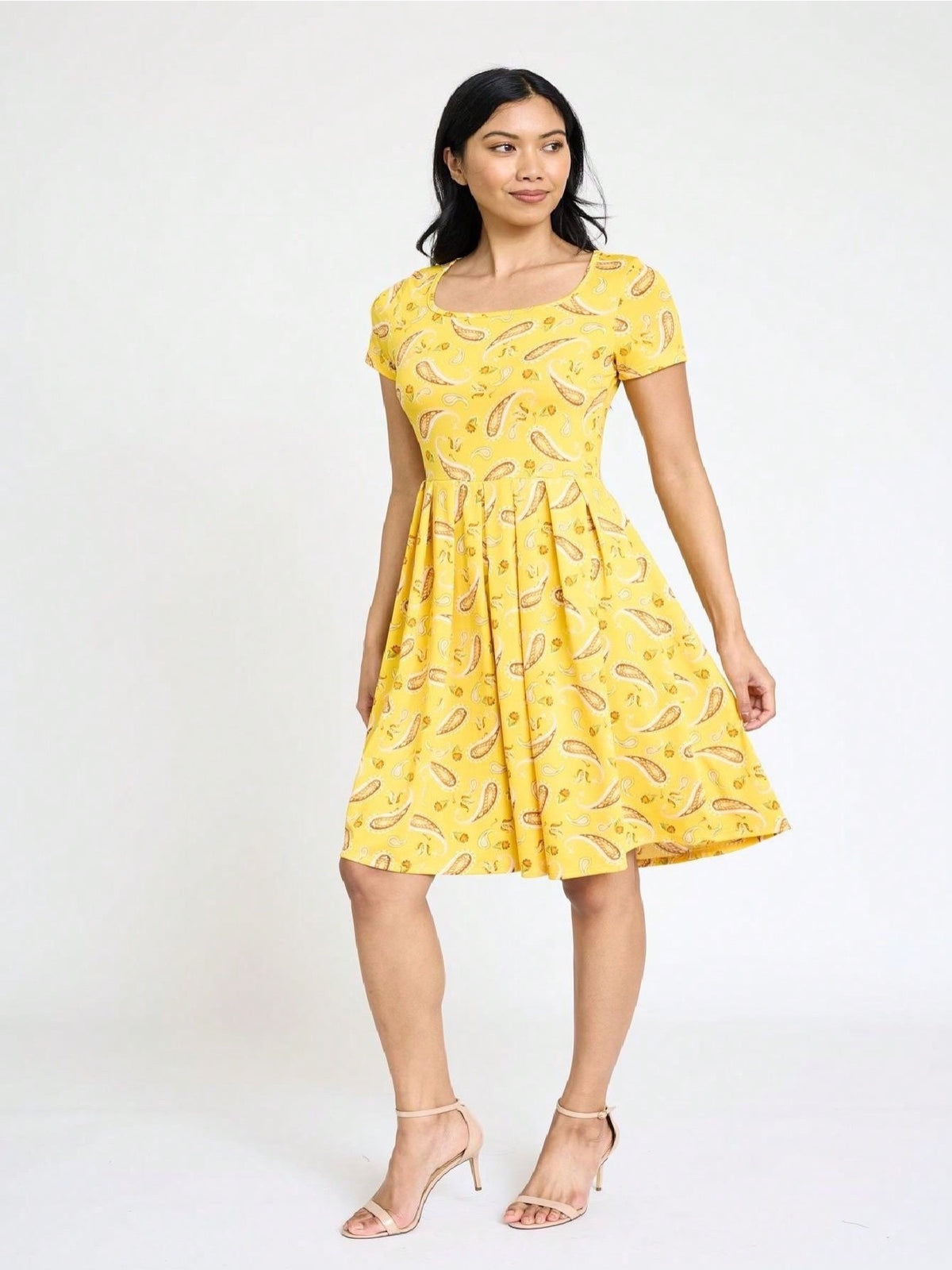 Paisley Floral Swing Dress Women Chevron Stripe Patchwork Pleated Square Neck Elastic Waist Midi Casual Plus Size S-3X