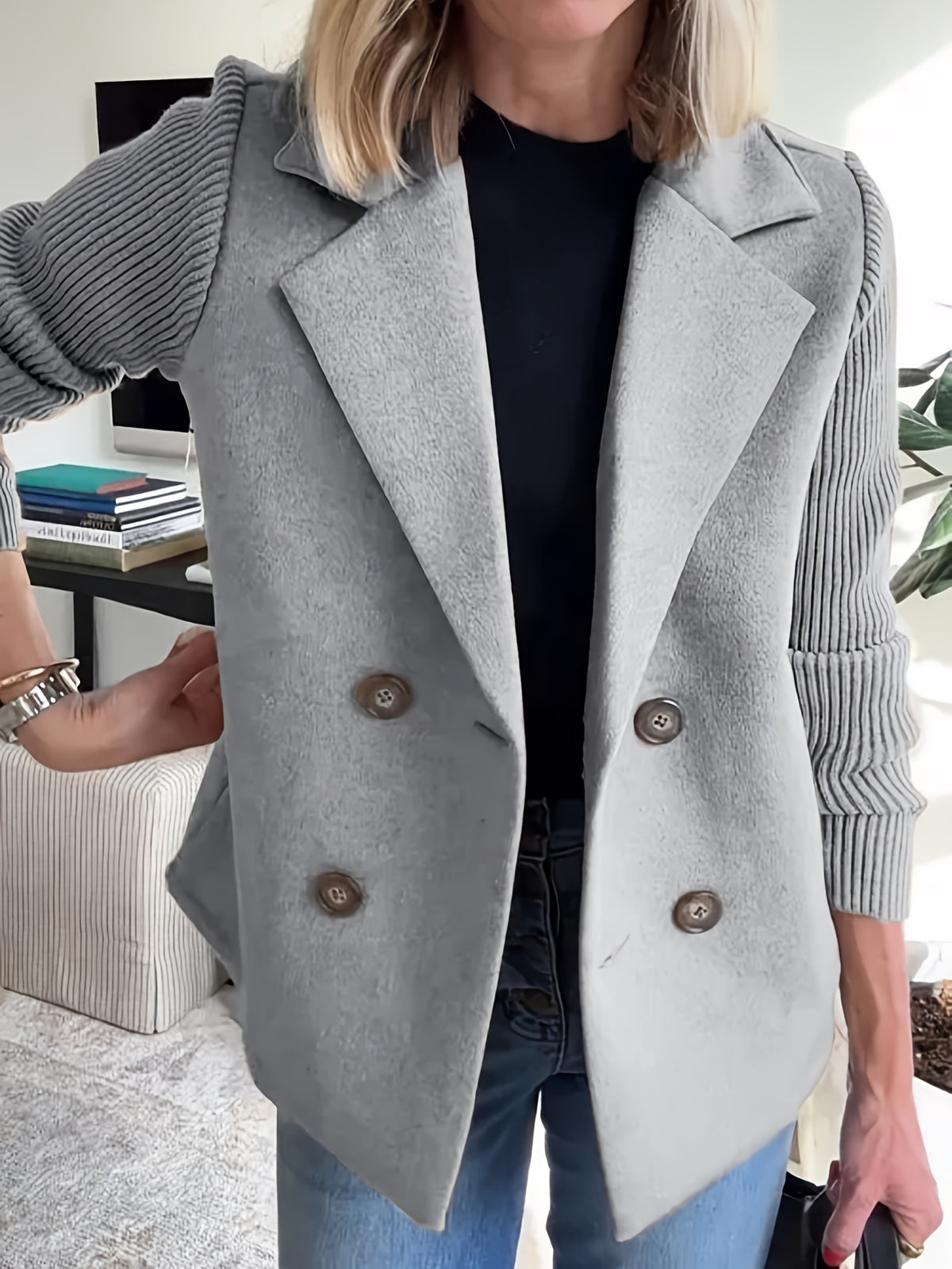 Women Double Breasted Loose Casual Suit Jacket Long Raglan Sleeve Solid Color Fall Winter Dark Brown Khaki Blue Grey Green Pink S-XXL