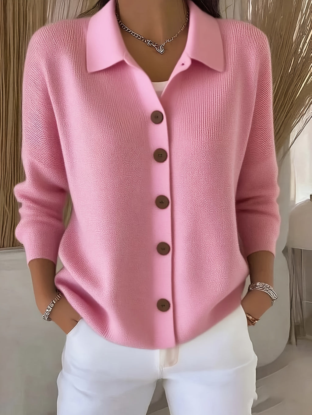 Button Lapel Knit Cardigan for Women – Solid Color Casual Knitwear Sweater, Elegant Layering Cardigan for Autumn & Winter Everyday Wear