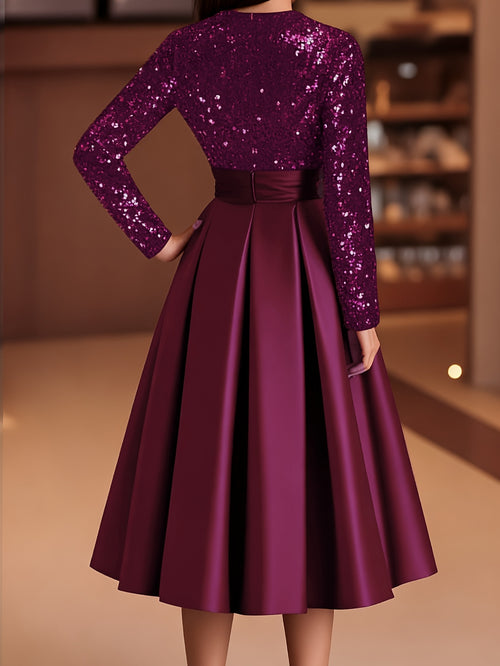 Burgundy Sequin A-Line Midi Dress for Women Long Sleeve Cinched Waist Formal Evening Gown Sparkling Prom Gala Winter Party Wedding Guest Dress