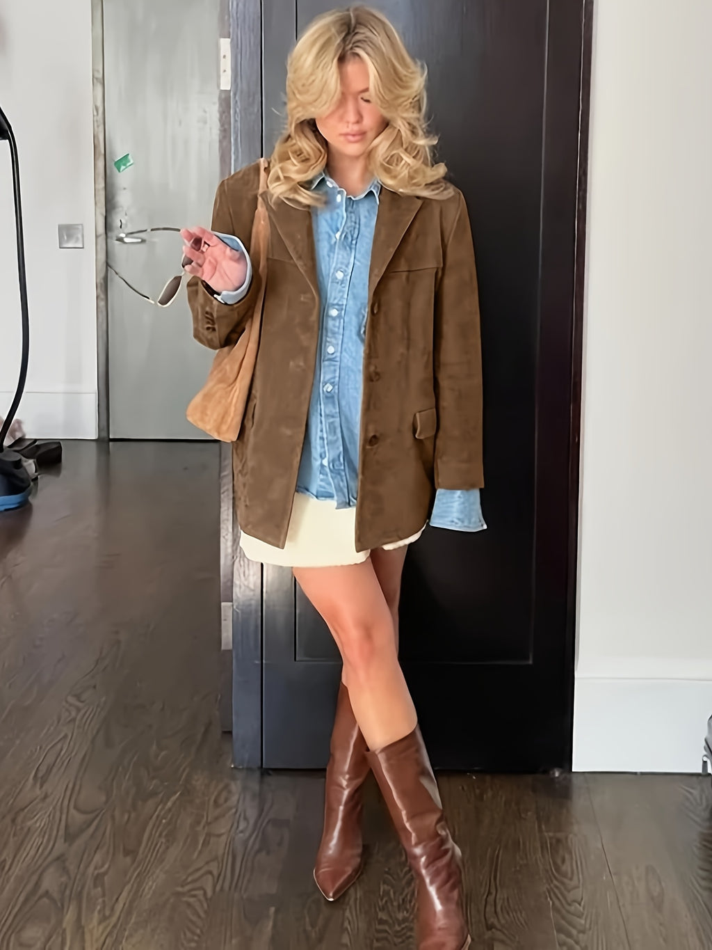 Women Y2K Suit Collar Blazer Jacket Midi Length Long Sleeve Loose Fit Vintage Style Light Brown S-XXL