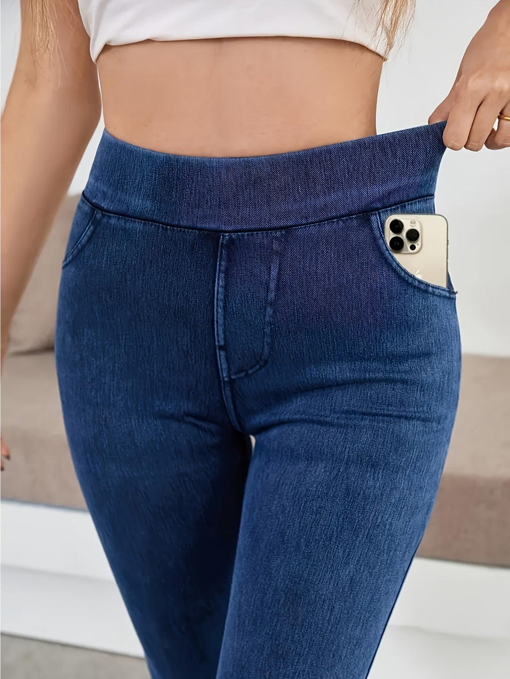 Women's High-Waisted Slim Elastic Pencil Jeans Yoga Pants Navy Black Light Blue All Season