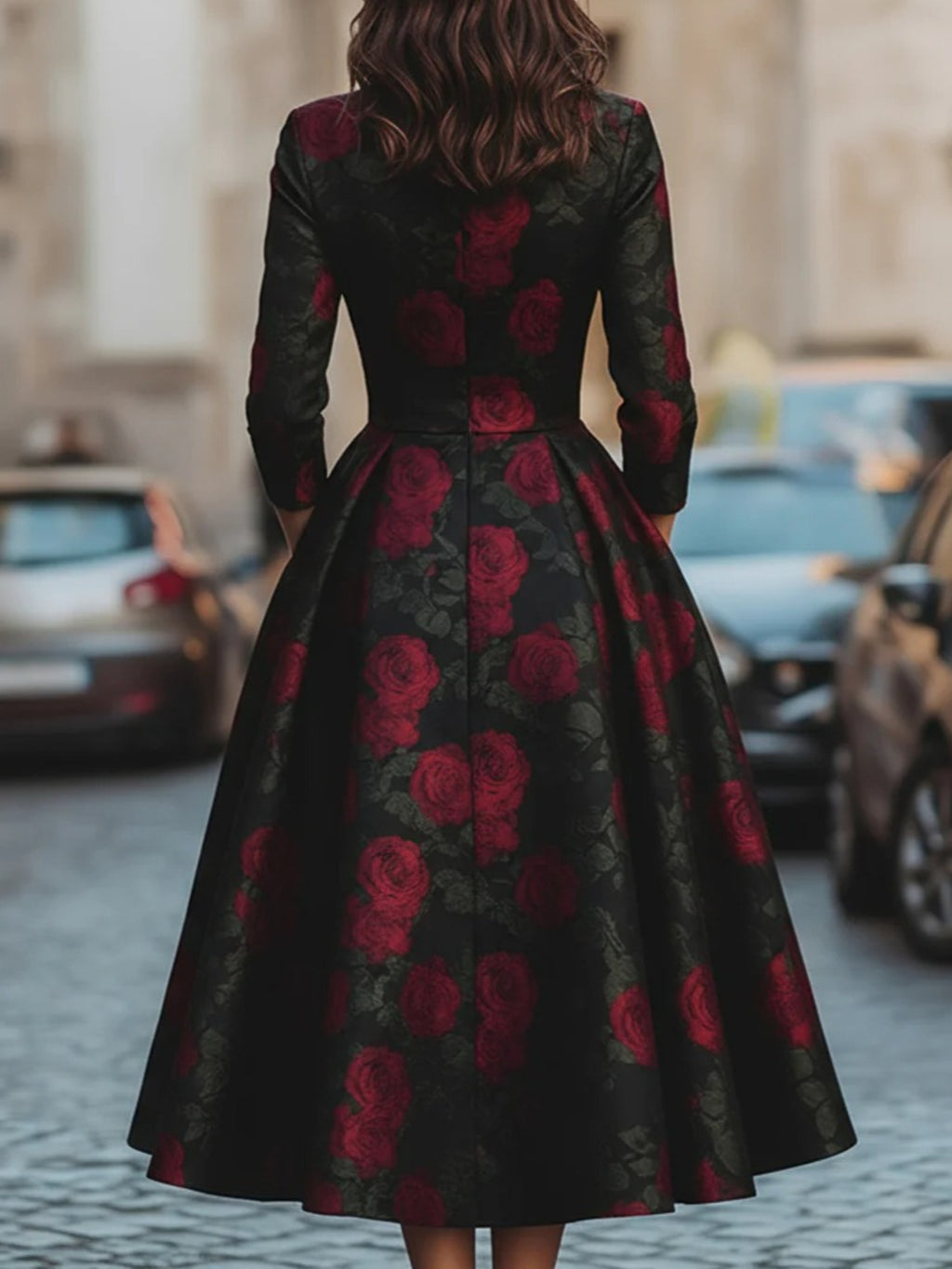 Women's Red Rose Jacquard Fit and Flare Evening Gown Elegant Formal Wedding Banquet Dress Black M-XL