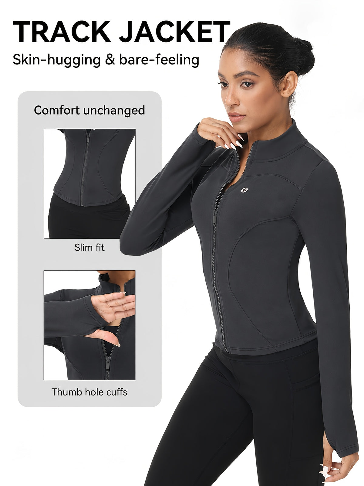 Women Zip Up Workout Jacket Thumb Holes Lightweight Moisture Wicking Slim Fit Sportswear Black Camel S-XL