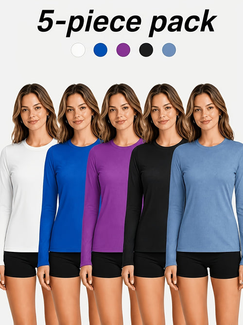 5-Pack Long Sleeve Women T-Shirts V-Neck Moisture-Wicking Breathable High Stretch Outdoor Solid Color Top Four Seasons Assorted Colors