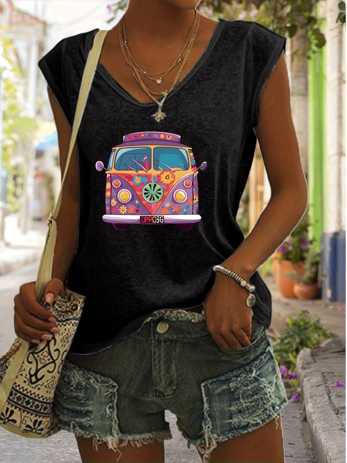 Graphic Print Tank Top Women V-Neck Hippie Rock Boho Sleeveless Summer Casual Vest Top 7 Colors S-XXL