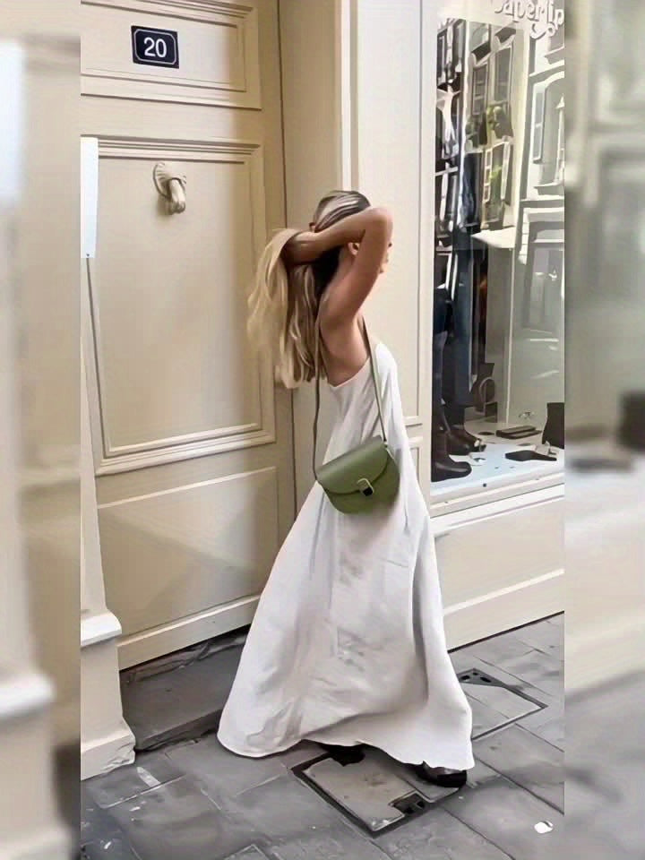 Linen Strapless Backless Long Dress for Women High Waist Patchwork Pocket Solid Color Lightweight Casual Vacation Maxi Dress Spring Summer