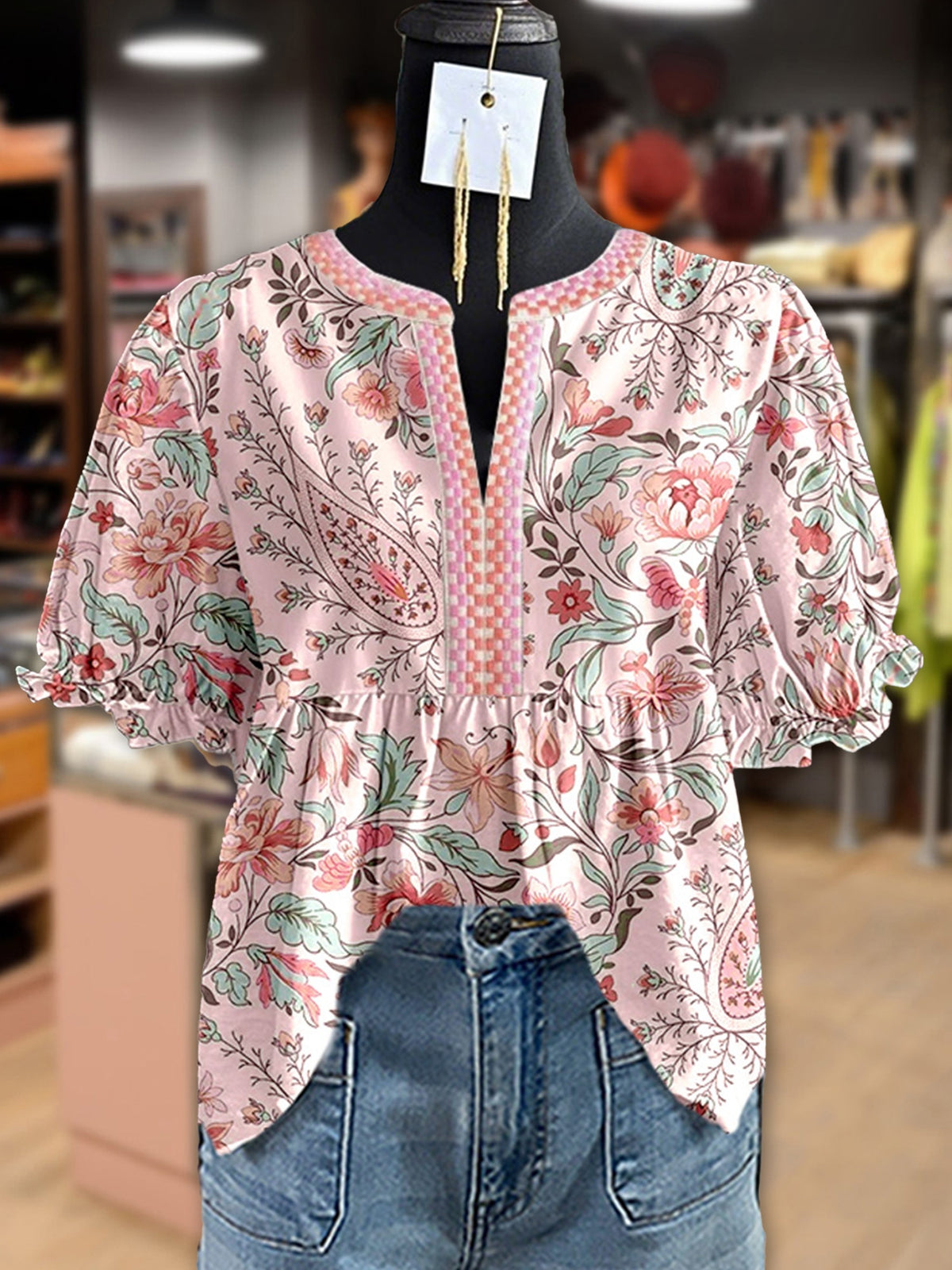 Boho Peplum Blouse Women Floral Paisley Print Babydoll Top Notch Neck Puff Sleeve Casual Summer Bohemian Top S M L XL XXL