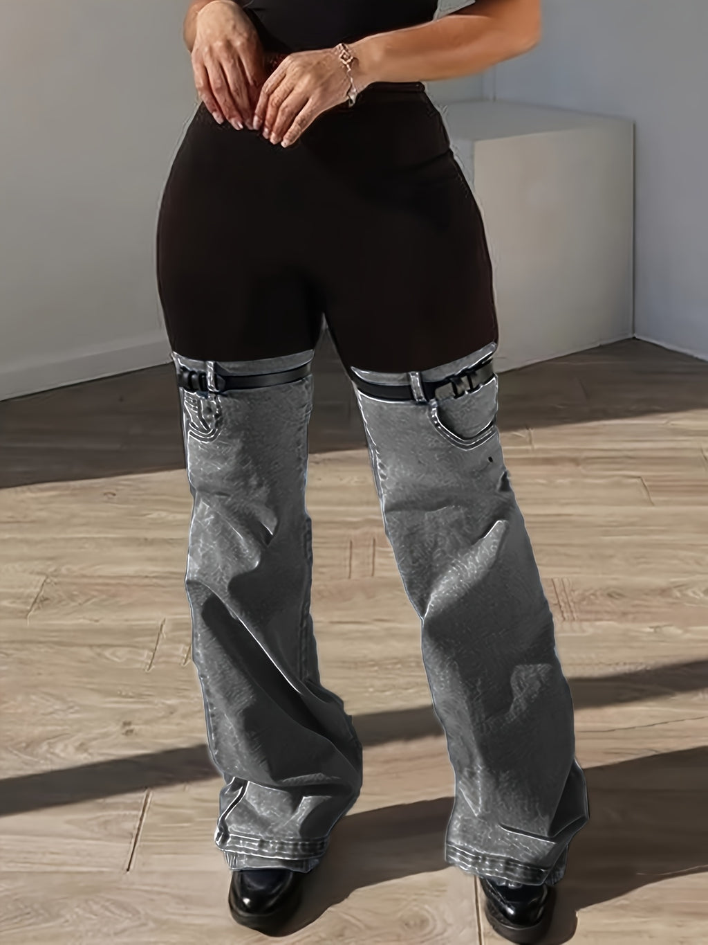 Women's Y2K High Waist Two-Tone Patchwork Flare Pants Denim Bell Bottom Leggings Detachable Buckle Strap Streetwear
