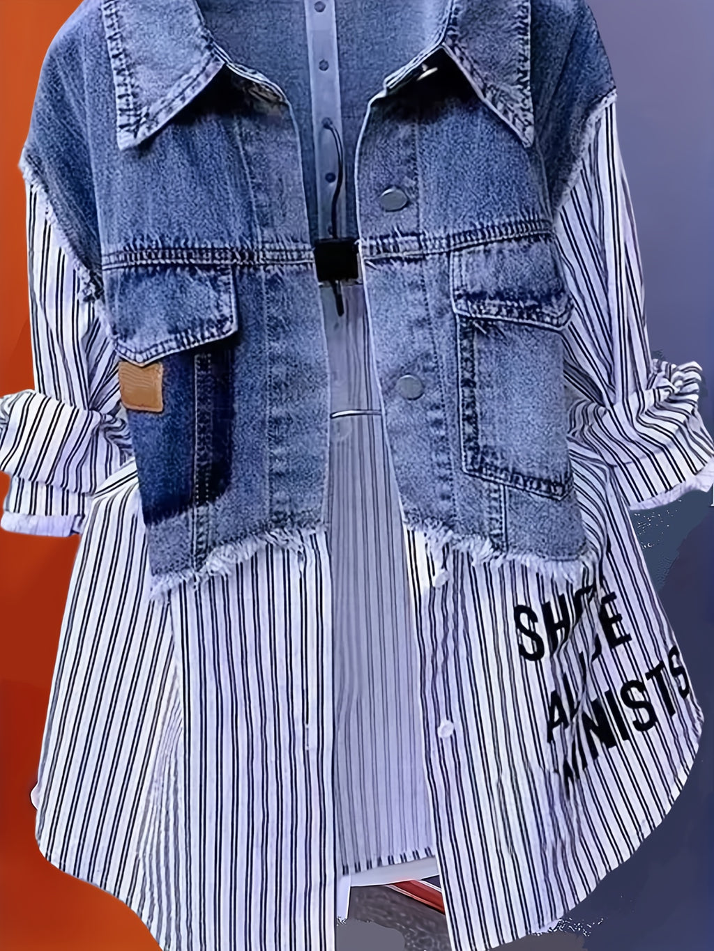 Letter Print Splicing Denim Shirt Jacket Women Lapel Button Korean Casual Jean Coat Windbreaker Spring Autumn Polyester Woven Top
