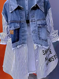Letter Print Splicing Denim Shirt Jacket Women Lapel Button Korean Casual Jean Coat Windbreaker Spring Autumn Polyester Woven Top