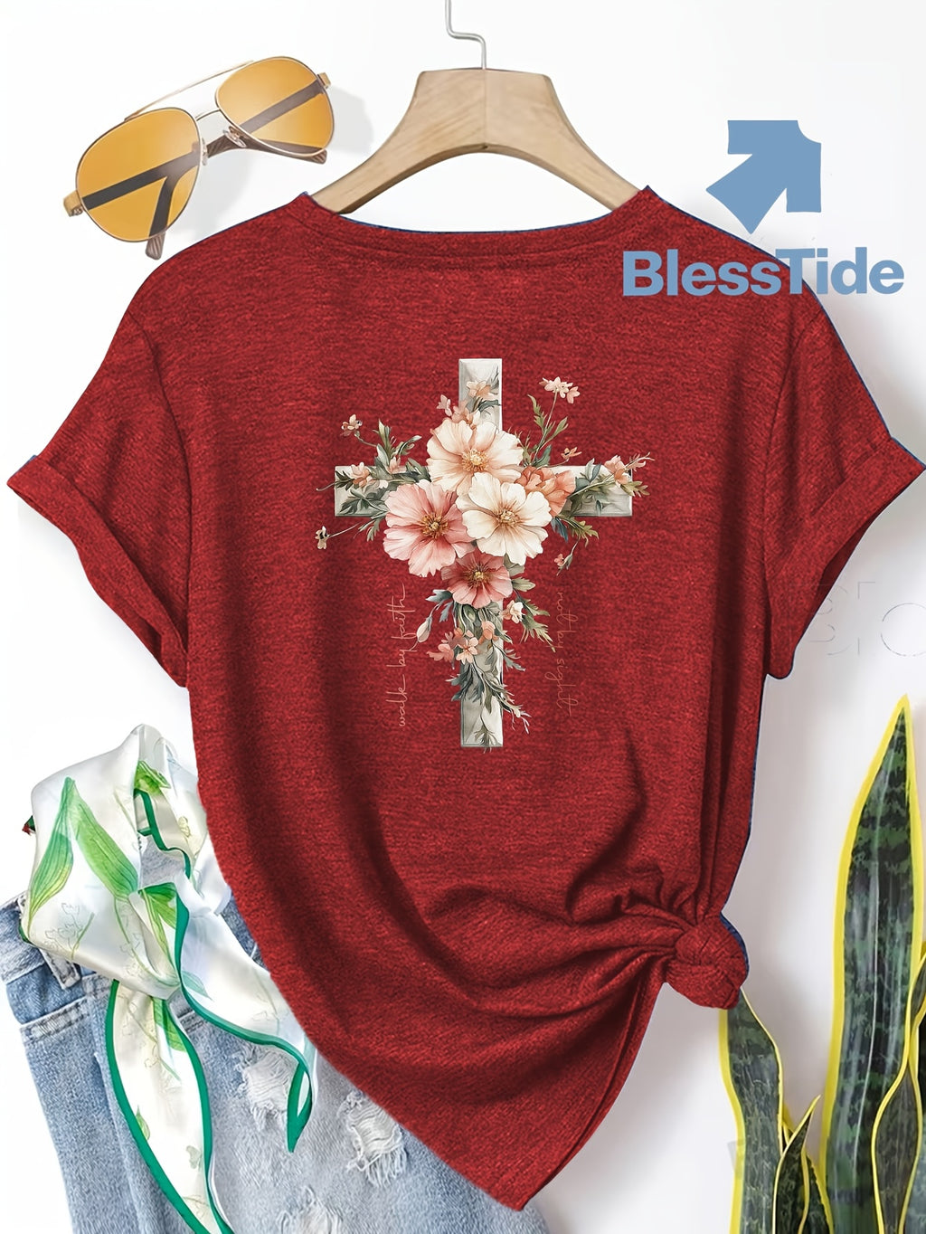 Jesus Floral Cross Double-Sided Print T-Shirt for Women - Faith Inspired Crew Neck Casual Christian Tee Summer Trendy Graphic Top