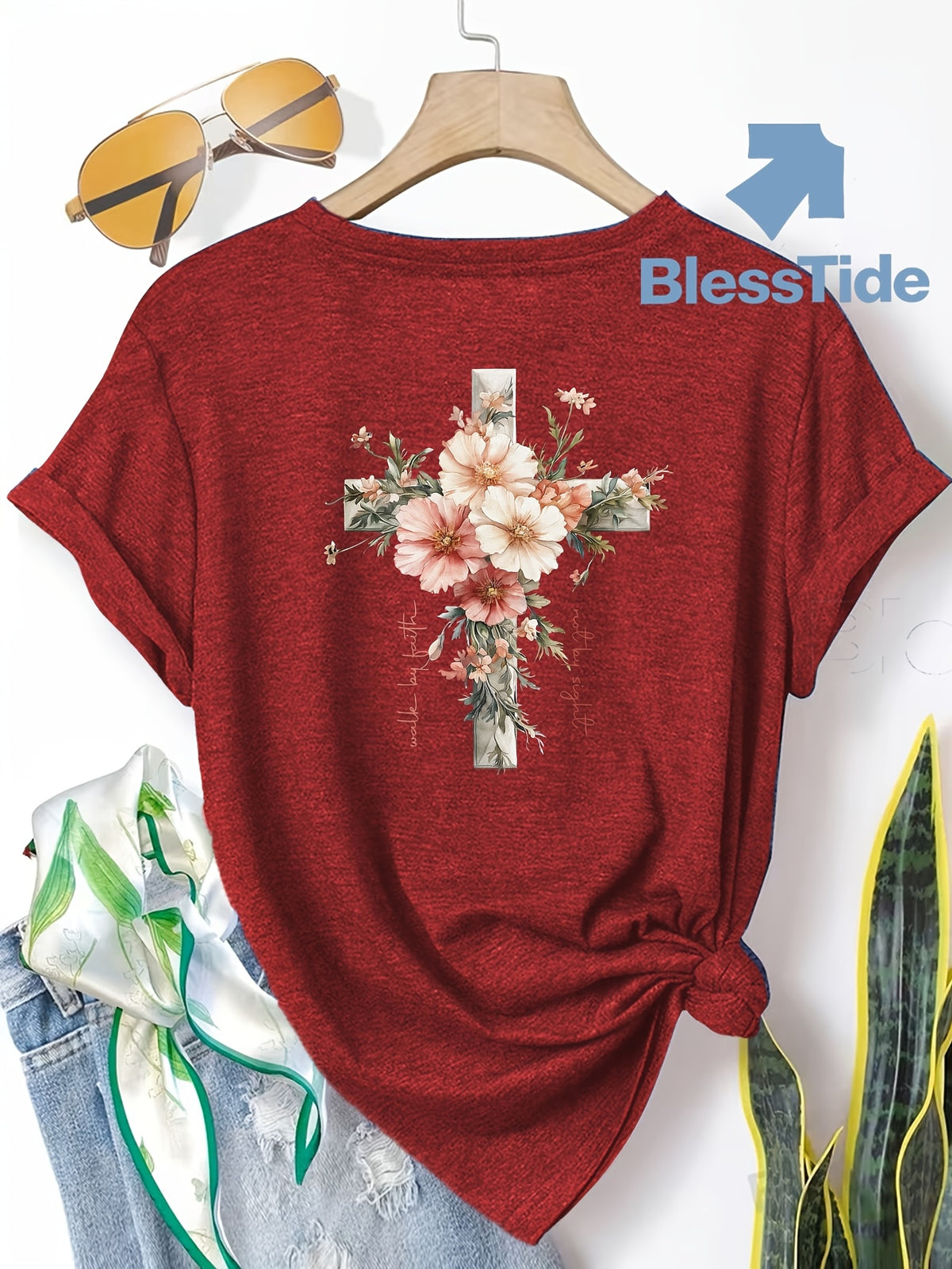 Jesus Floral Cross Double-Sided Print T-Shirt for Women - Faith Inspired Crew Neck Casual Christian Tee Summer Trendy Graphic Top