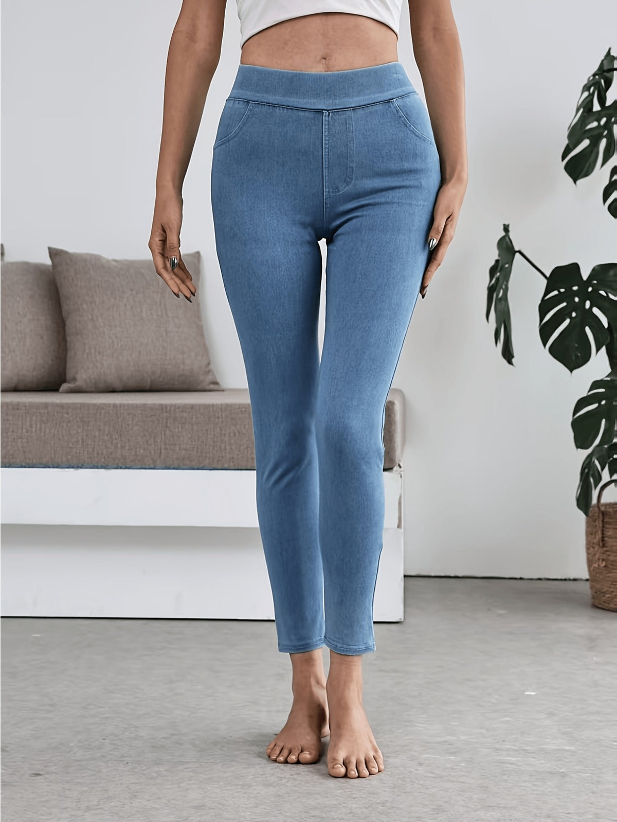 Women's High-Waisted Slim Elastic Pencil Jeans Yoga Pants Navy Black Light Blue All Season