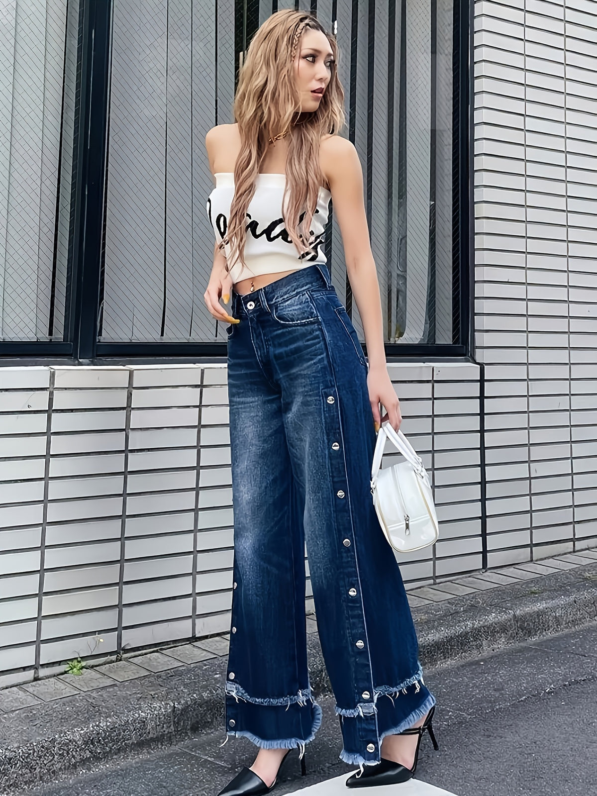High Waist Wide Leg Denim Jeans Women Side Snap Buttons Loose Fit Casual Pants 2 Colors S-XXL