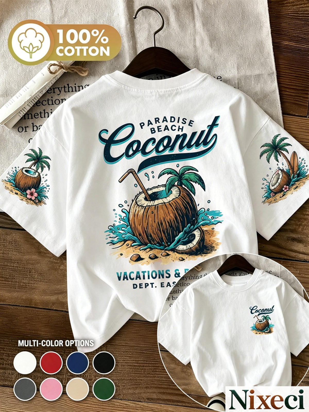 Tropical Palm Print T-Shirt for Women – Retro Hawaiian Coconut Tree Short Sleeve Crewneck Loose Beach Vacation Top, Casual Surfing Poolside Shirt