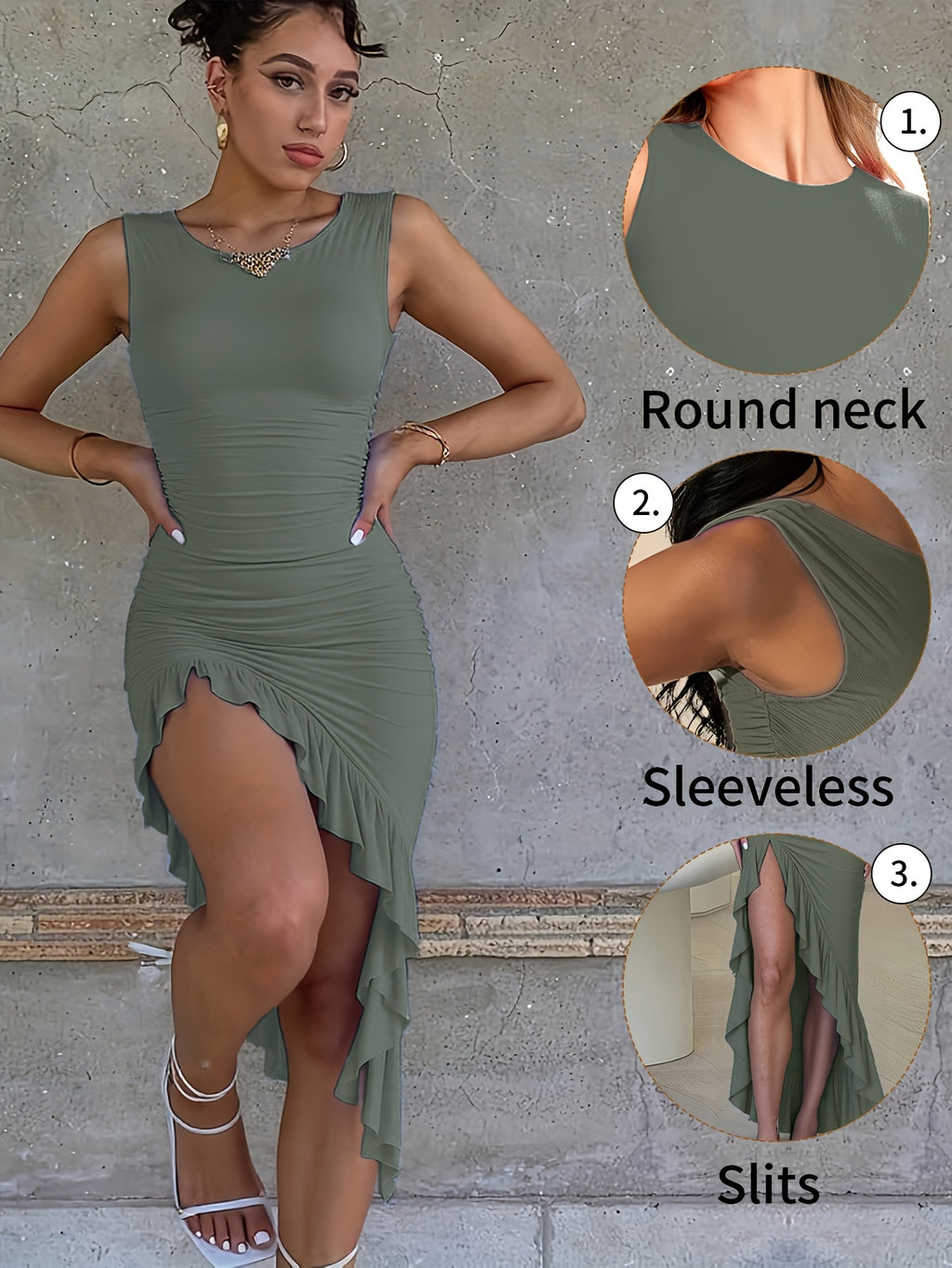 Women's Sleeveless A-Line Fishtail Dress Round Neck Side Pleated Lace Opening Casual Spring Summer Dress