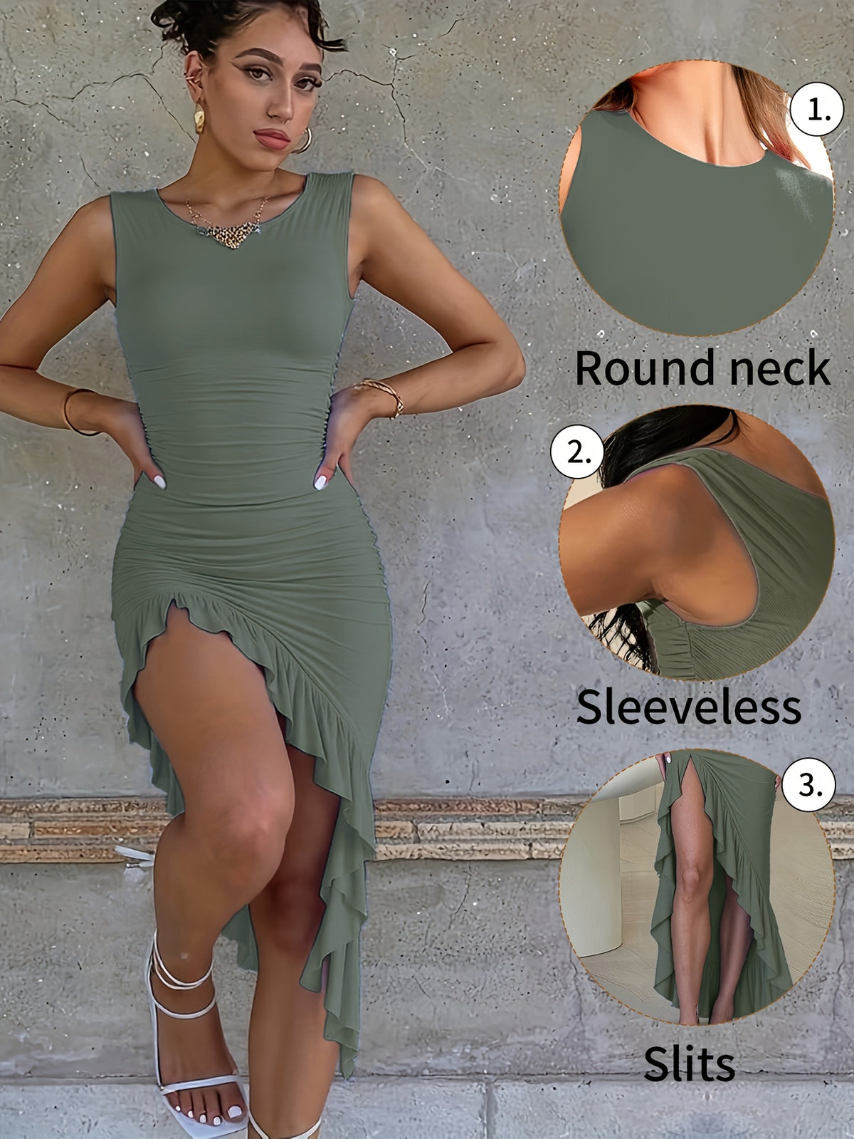 Women's Sleeveless A-Line Fishtail Dress Round Neck Side Pleated Lace Opening Casual Spring Summer Dress