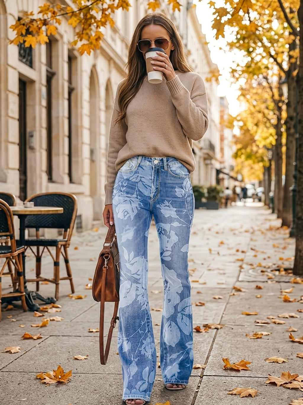 High Waist Elastic Floral Print Wide Leg Flare Pants Women Retro Bootcut Trousers Light Blue S-XXL