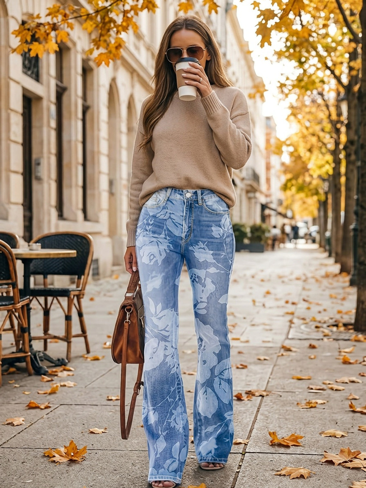 High Waist Elastic Floral Print Wide Leg Flare Pants Women Retro Bootcut Trousers Light Blue S-XXL