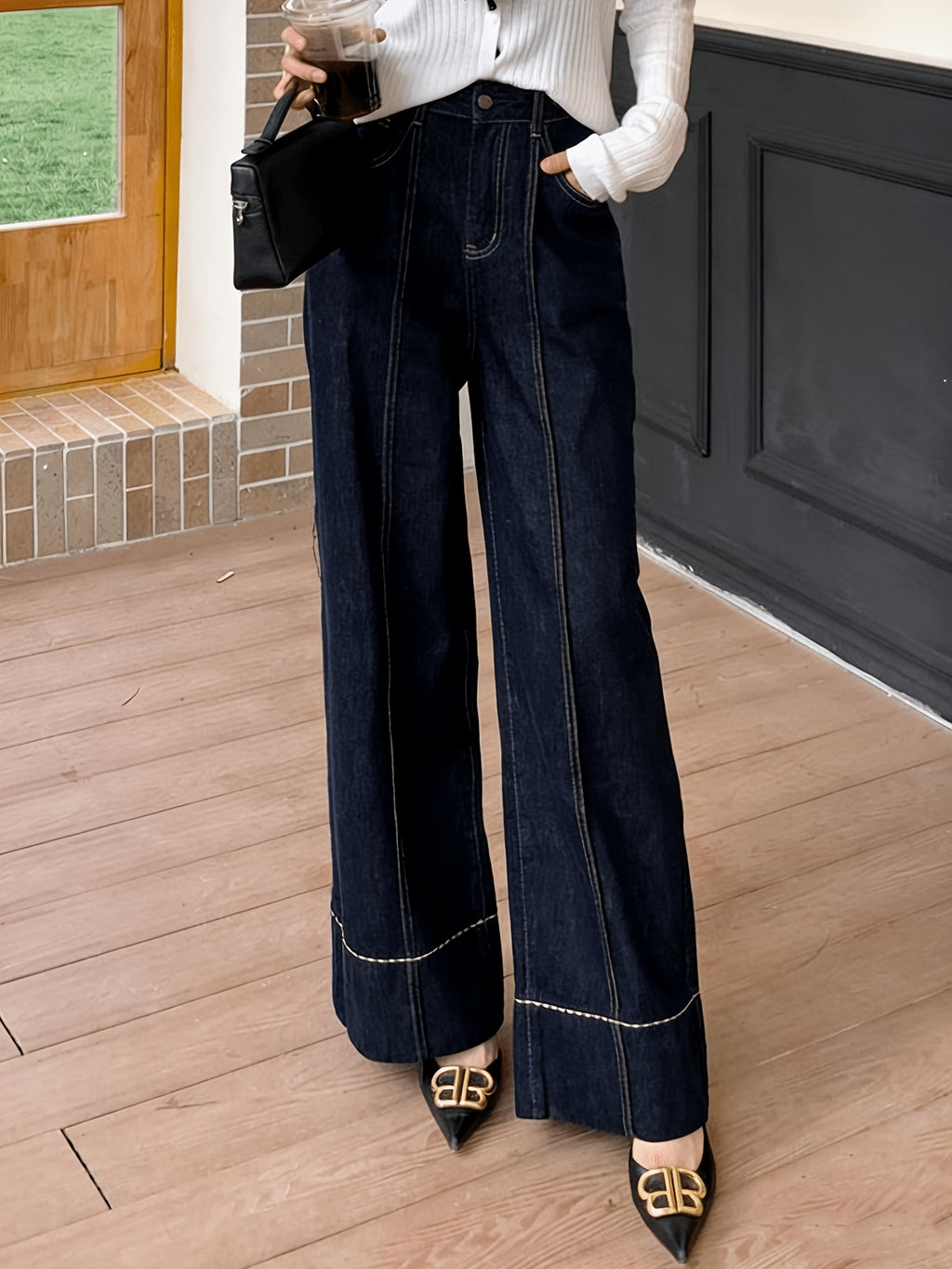 High Waist Straight Leg Jeans Women Dark Blue Retro White Stitch Loose Casual Denim Pants Pockets All Season S-XXL