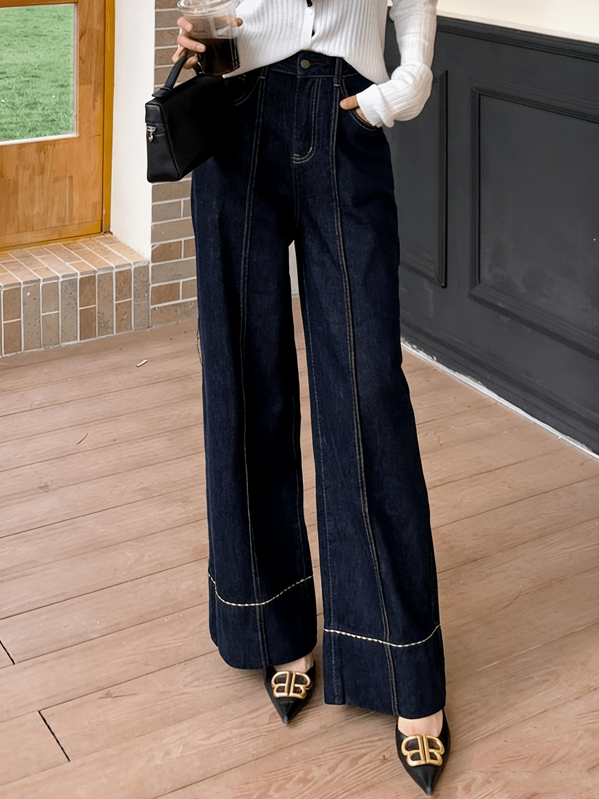 High Waist Straight Leg Jeans Women Dark Blue Retro White Stitch Loose Casual Denim Pants Pockets All Season S-XXL