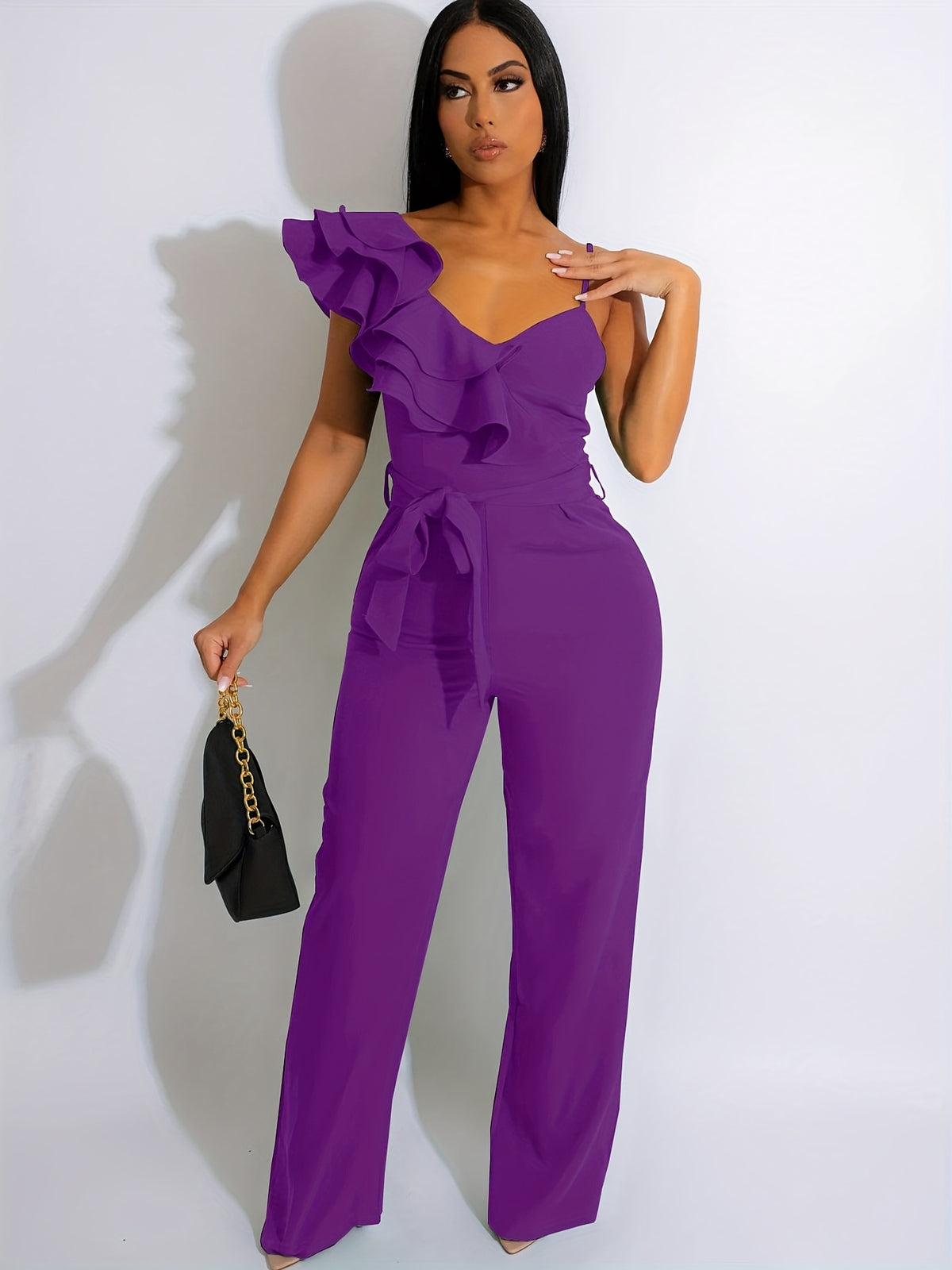 Wide Leg Ruffle Jumpsuit for Women, V-Neck Sleeveless Elegant Romper, Sexy Party Clubwear One Piece Overalls, Asymmetric Spaghetti Strap Summer Jumpsuit