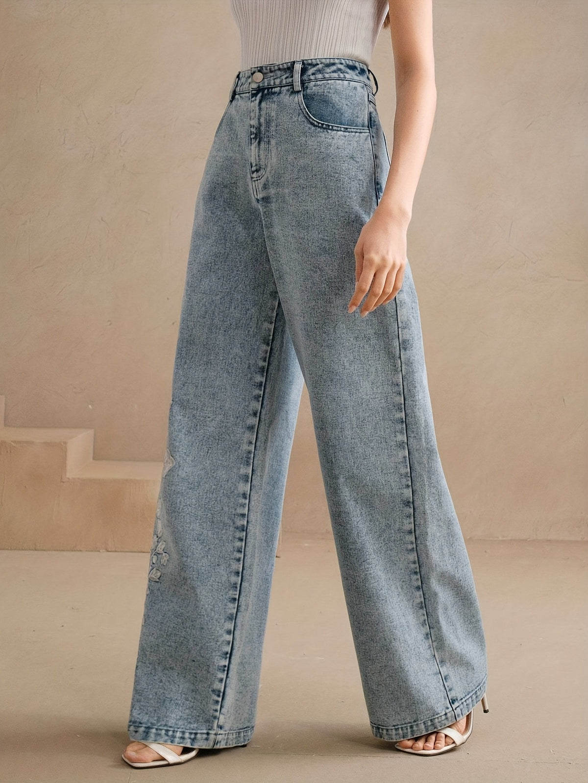 Floral Embroidered Denim Trousers for Women - Elegant Botanical Embroidery Jeans, Stylish Casual Denim Pants for Everyday & Special Occasion Outfits