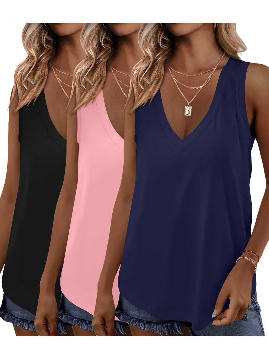 3-Pack V-Neck Tank Tops for Women | Loose Sleeveless Casual Blouse Set | Vacation Outfit Tops | Lightweight Spring Summer Shirts Women Fashion