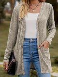 Ribbed Button Pocket Cardigan Women Elegant Fashion Knit Open Front Sweater Top - Versatile Casual Chic Layering Piece