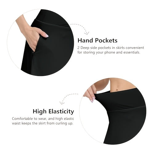 Women's Office Midi Skirt Built-in Shorts Hidden Drawstring Zip Pocket Business Casual Skirt with Shorts Lining Versatile Everyday