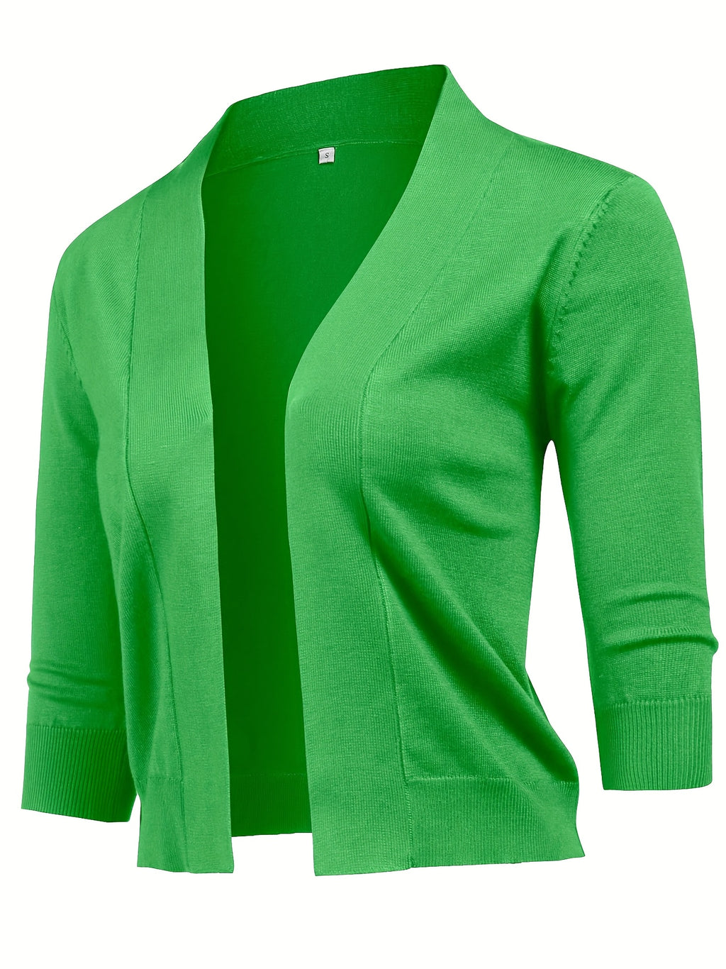Cropped Open Front Cardigan Women 3/4 Sleeve Knit Shrug Ribbed Hem Draped Neckline Lightweight Stretchy Layering Top 9 Colors Spring Summer Fall S-XXL