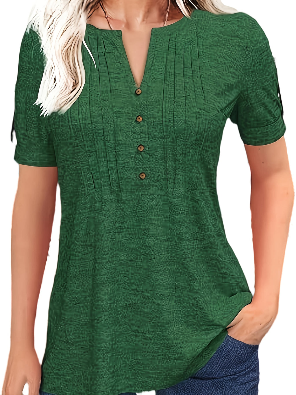 Pleated V-Neck T-Shirt Women Solid Color Short Sleeve Button-Up Casual Summer Top 60% Polyester Viscose Micro-Elastic Smooth Knit Tunic Versatile Daily Wear S-XXL