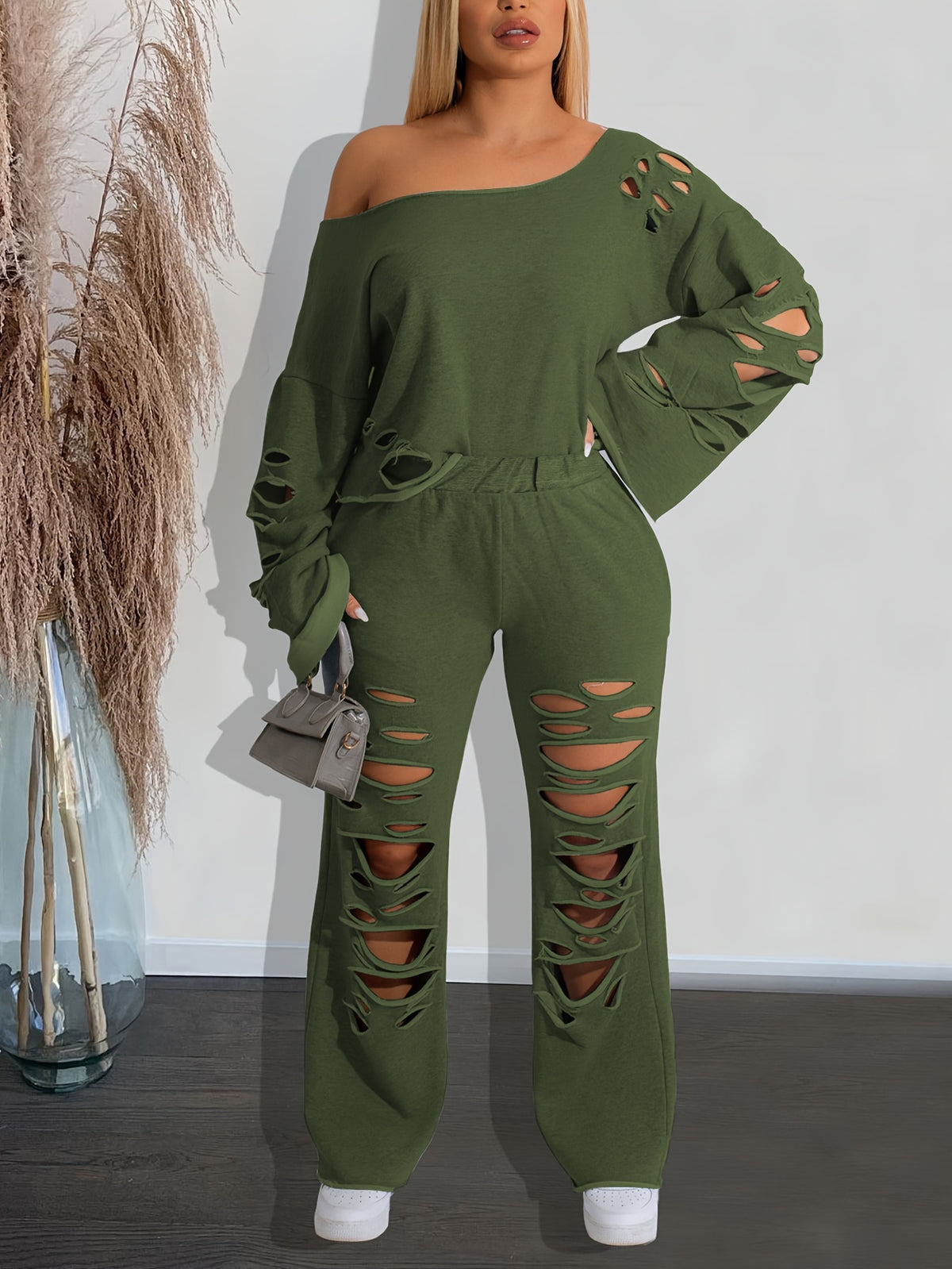 Distressed 2 Piece Set Women Off Shoulder Long Sleeve Top and Ripped Pants Streetwear Outfit - Casual Party Knit Co-ord Spring Fall