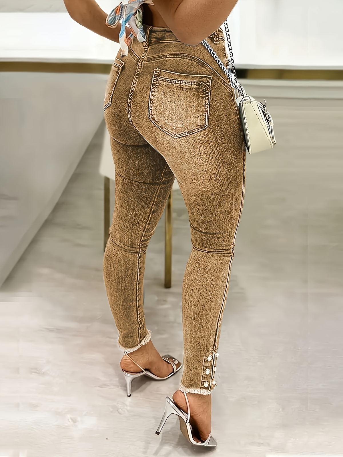 High Waist Distressed Butt Lifting Jeans Women Pearl Diamond Button Slim Fit Washed Raw Hem Denim Pants Powder Blue Brick Red Khaki S-XXL