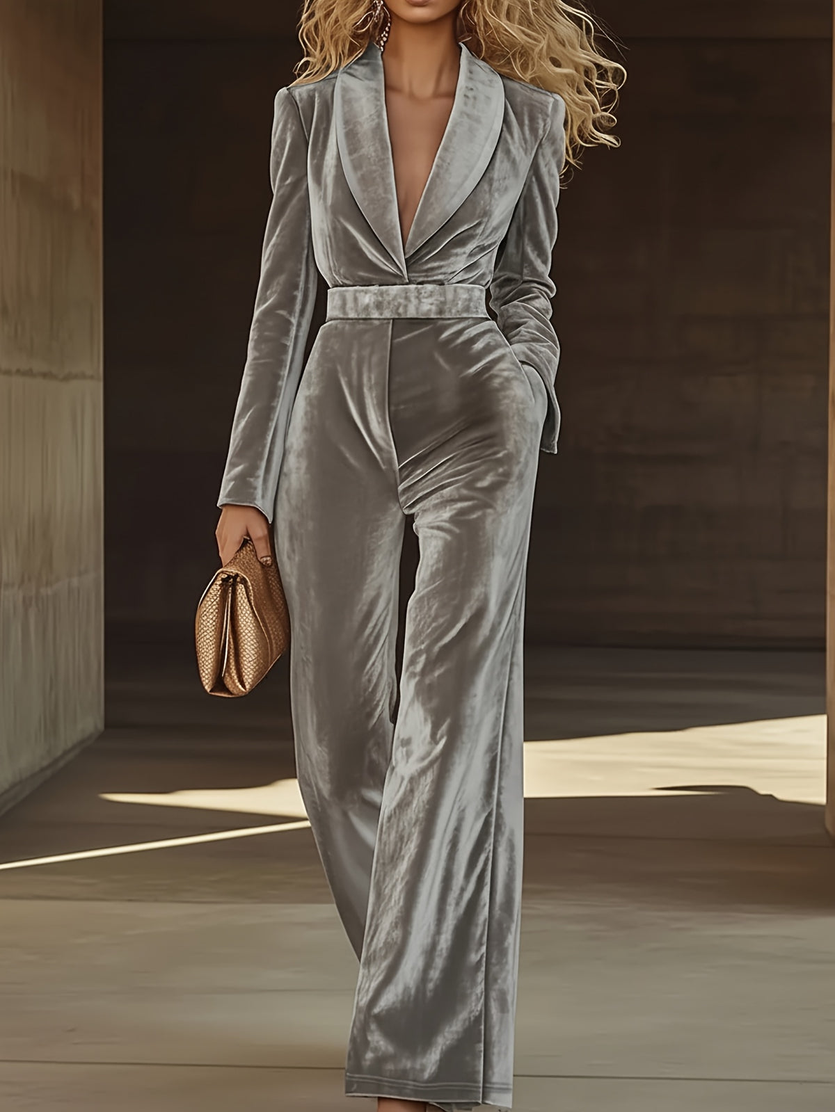 Velvet Wide Leg Jumpsuit Women Suit Collar Belt Khaki Elegant One Piece Outfit Daily Wear Party Holiday Fashion